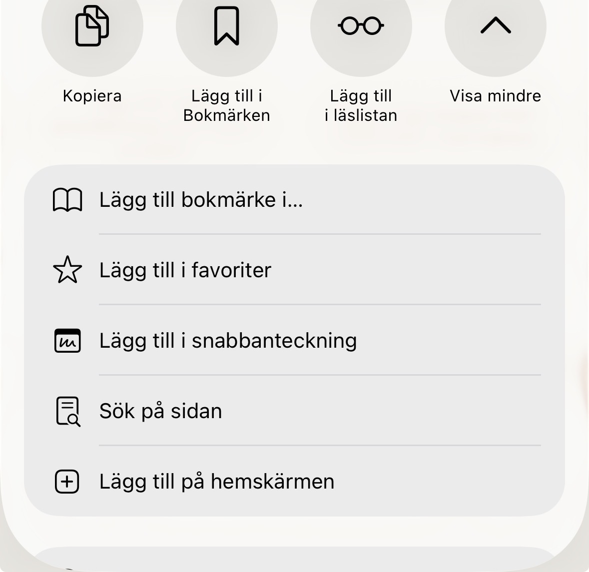 Safari-lista med valet Lägg till på hemskärmen